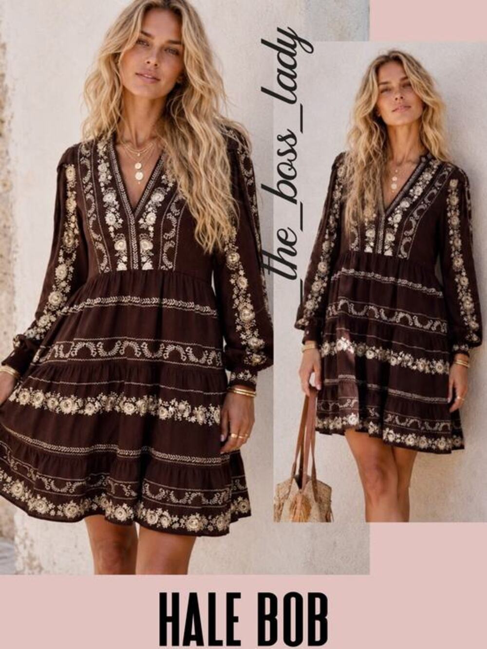 Hale Bob embroidered dress floral long sleeves boho summer vacation Medium